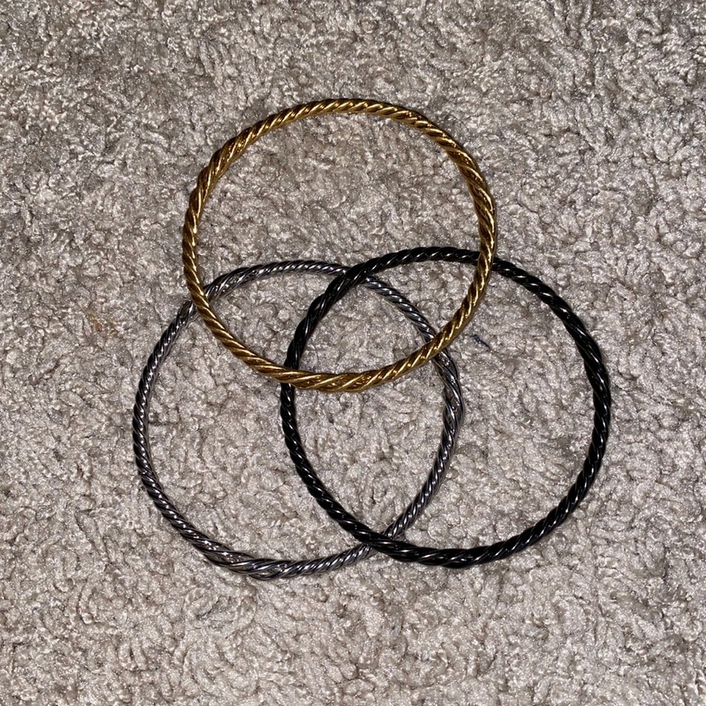 Silver, gold and black braid bangles